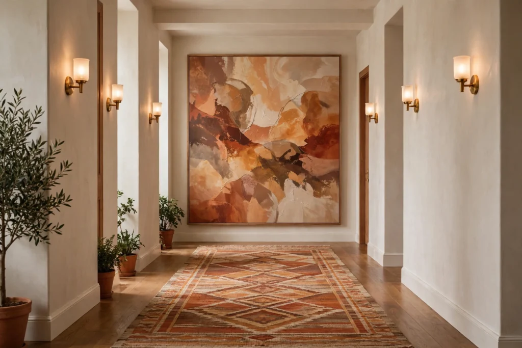 Oversized abstract canvas as a focal point at the end of a hallway