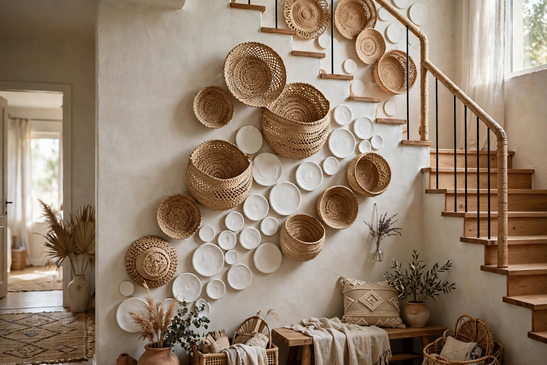 Three-dimensional woven basket wall art and ceramic discs arranged as sculptural decor on a staircase wall