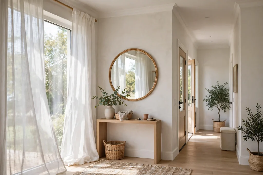 Entryway lighting ideas with sheer curtains and a mirror maximizing natural daylight