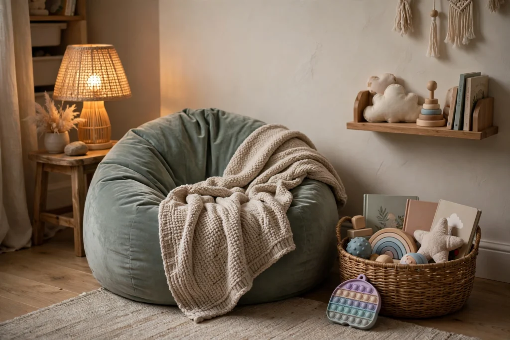 Playroom design ideas with a cozy quiet corner, beanbag and soft calming textures
