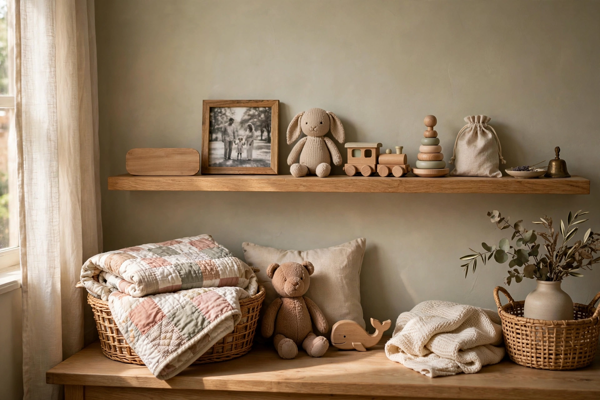 Toddler bedroom design ideas with a wooden name sign and personal keepsakes on a shelf