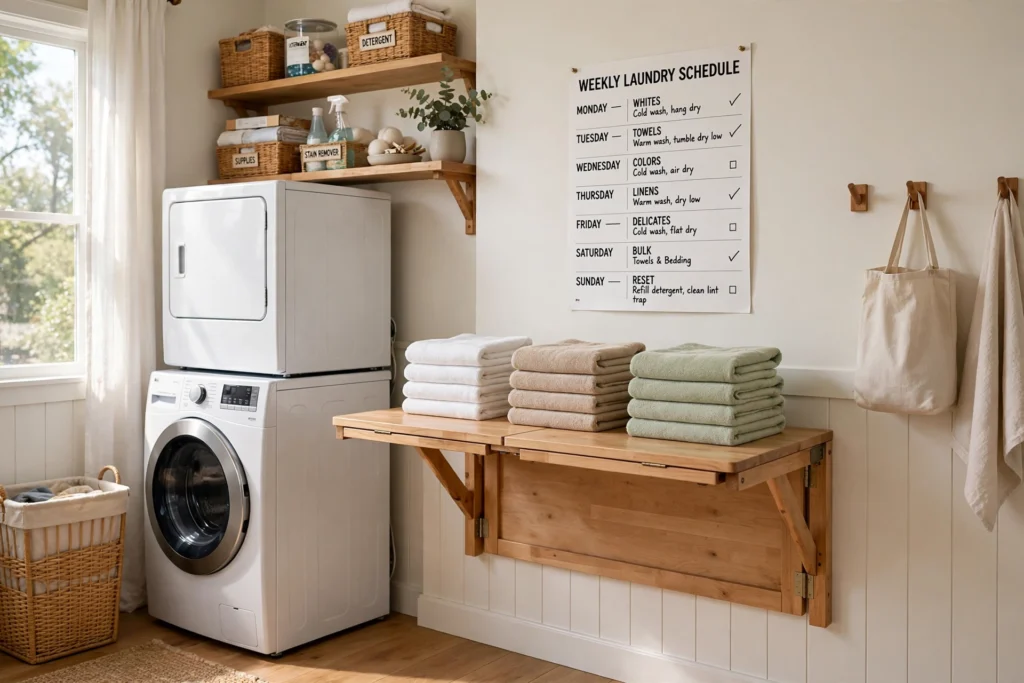Tidy organized laundry room with posted weekly schedule and clear folding counter