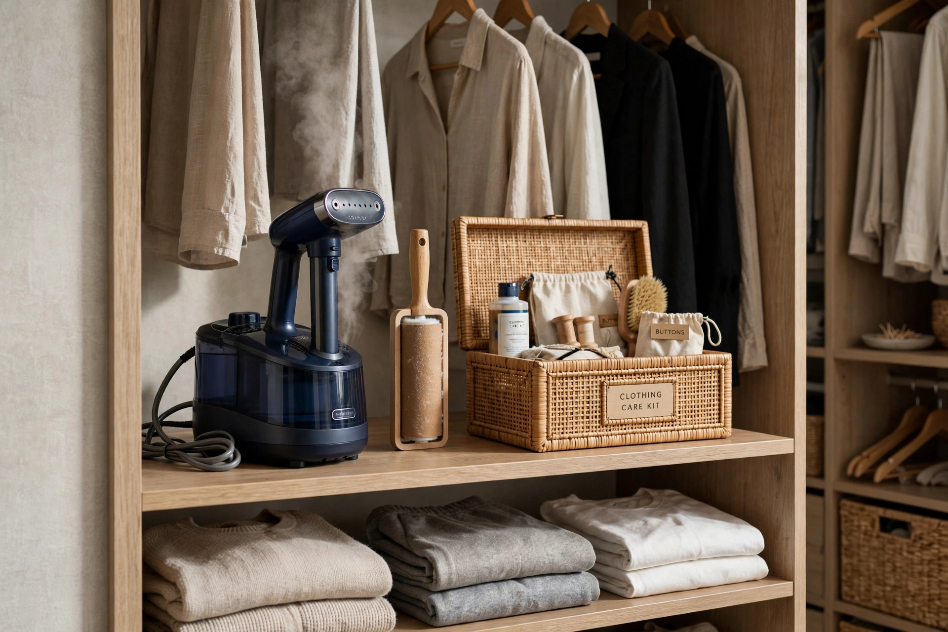 Walk-in closet shelf with a garment steamer, lint roller and clothing care kit in a box