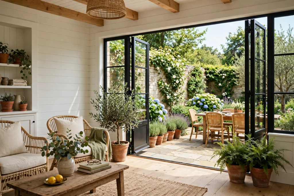 Sunroom with open French doors flowing out to a garden patio with potted plants