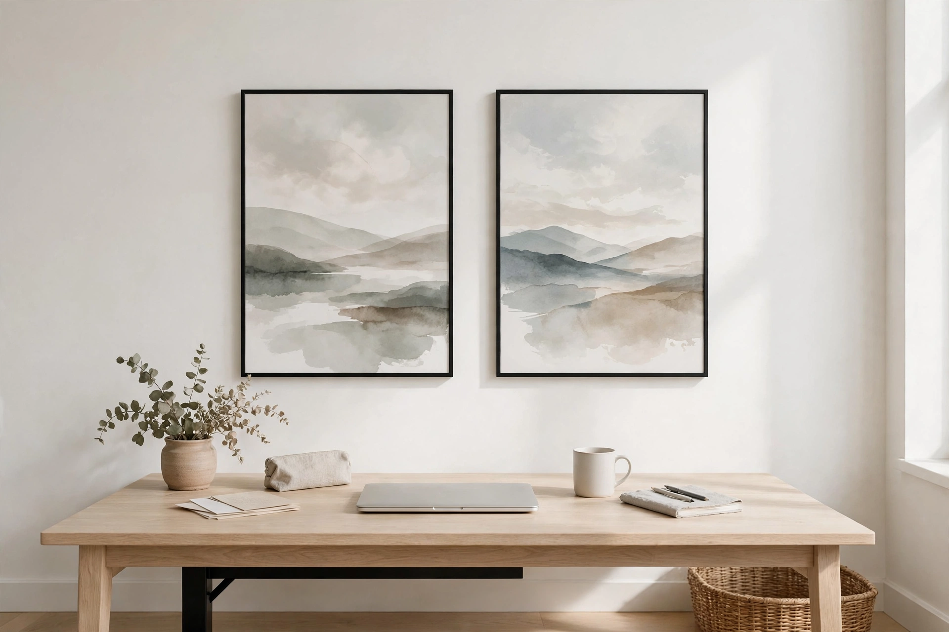 Two thin black-framed abstract prints hung above a pale oak desk on a white wall