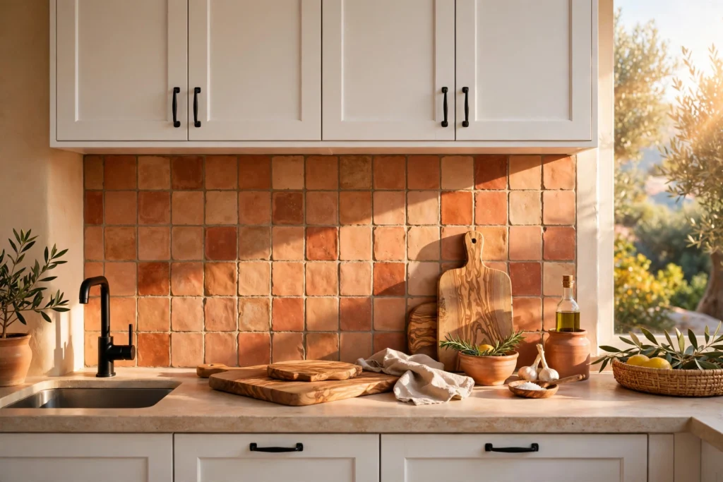 Kitchen backsplash ideas with handmade terracotta tiles and white cabinets in a sunlit kitchen.