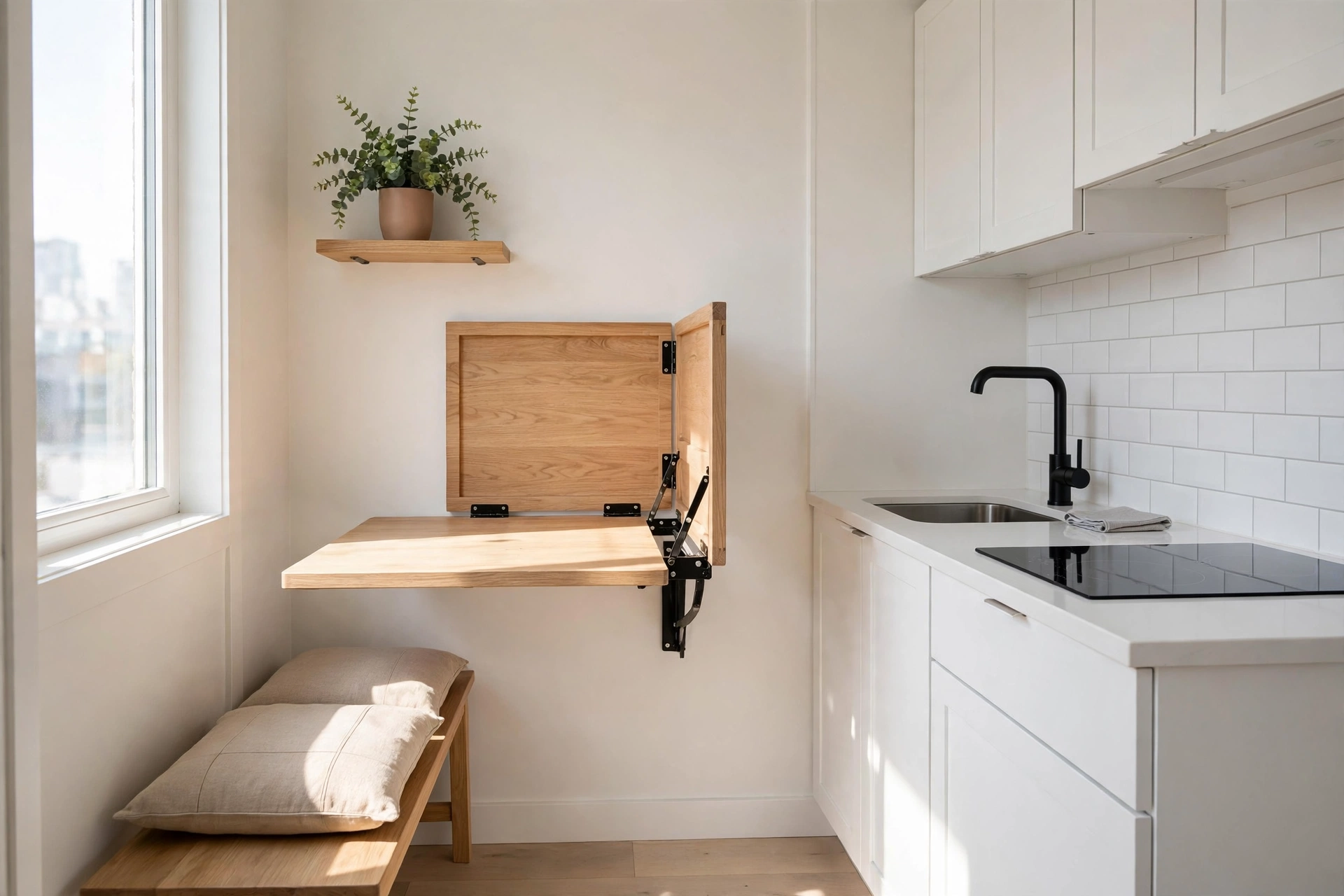 Breakfast nook ideas with a wall-mounted fold-down table and slim bench in a tiny kitchen.