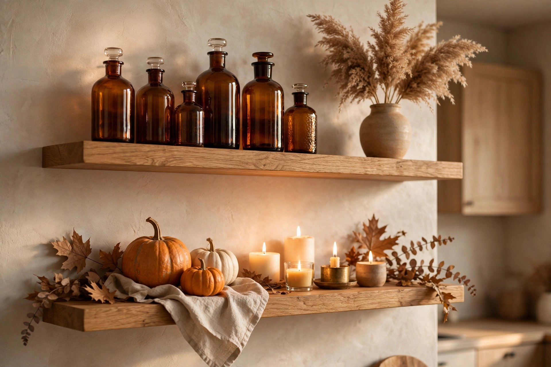 Open kitchen shelving ideas with autumn accents like amber glass and dried grasses.