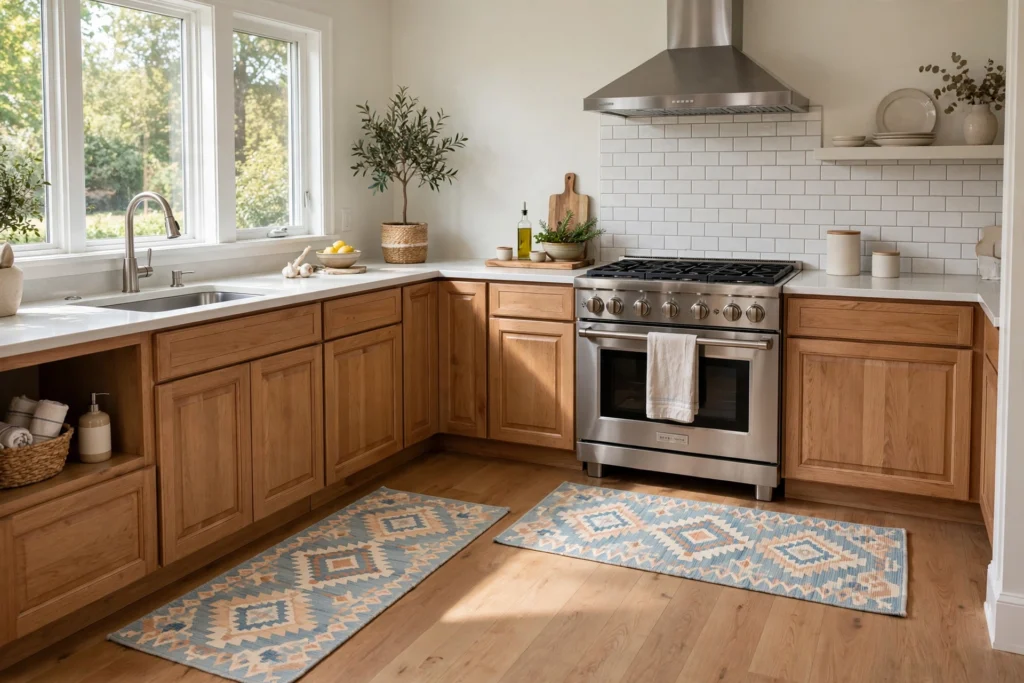 Kitchen rug ideas with two matching washable runners in an L-shaped kitchen.