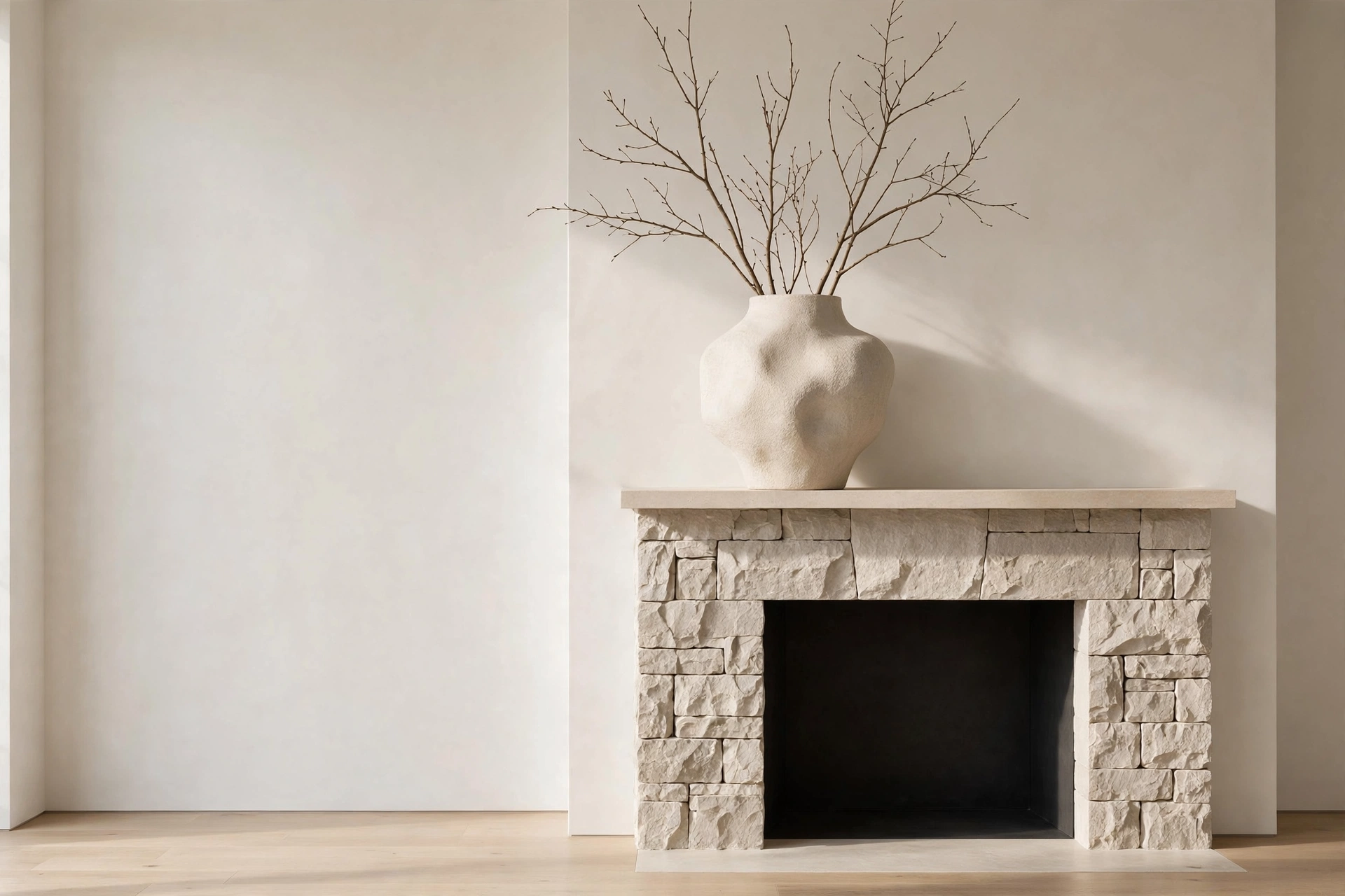 Fireplace mantel decor ideas with a minimalist single sculptural vase on the mantel.