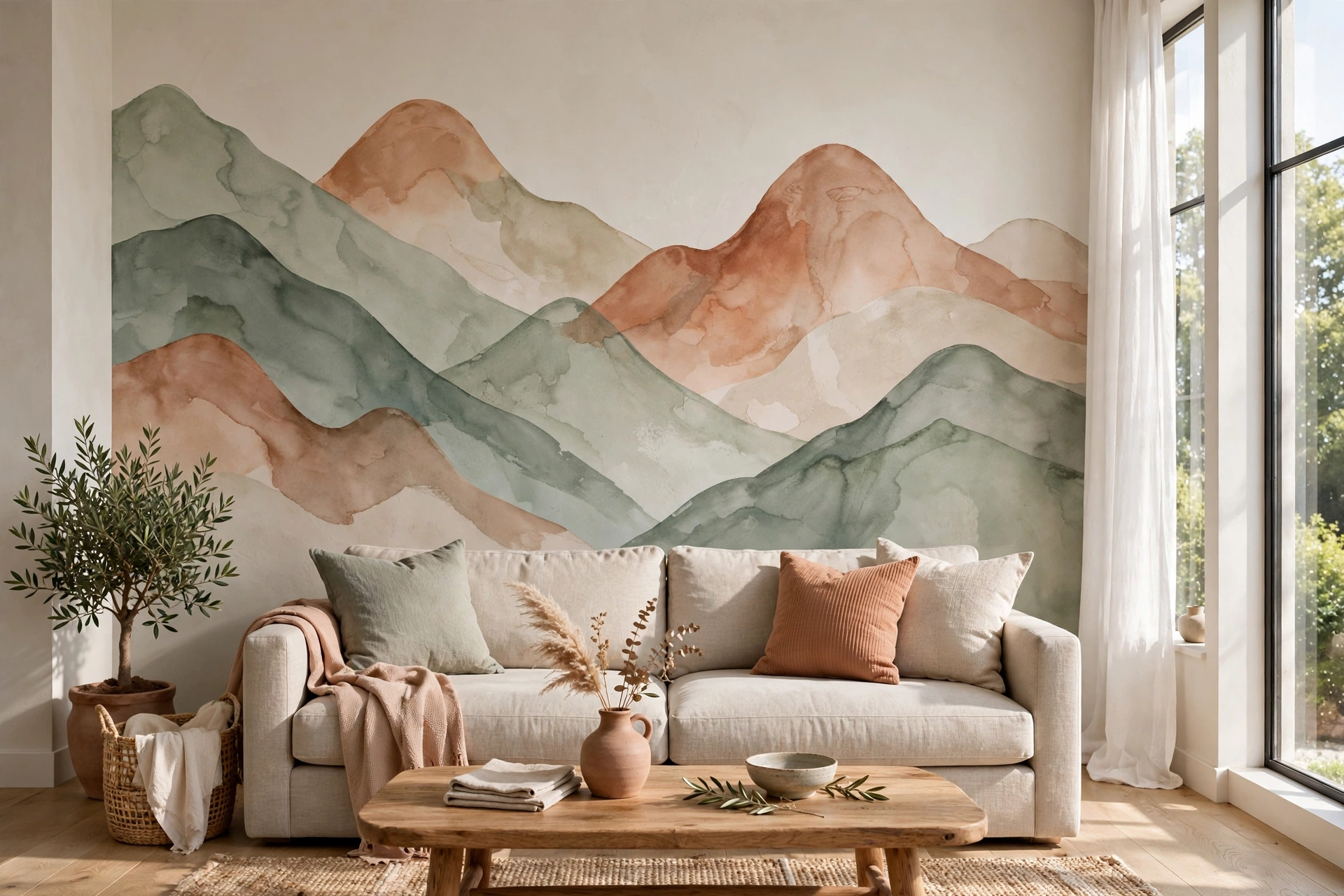 Living room accent wall ideas with a hand-painted abstract mountain mural in muted tones behind a neutral sofa.