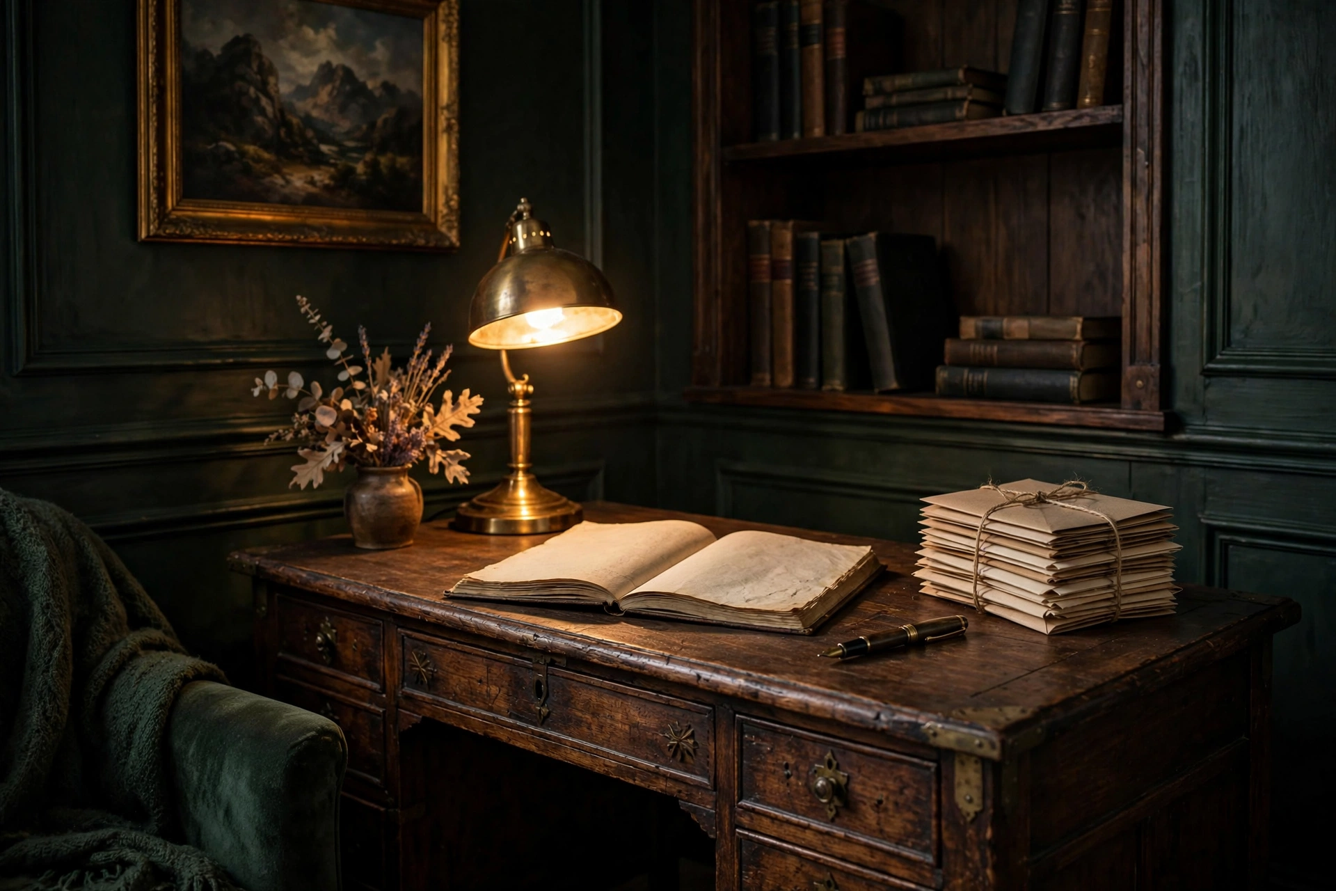 Dark academia living room corner with an antique wooden writing desk, open journal, and warm brass desk lamp.