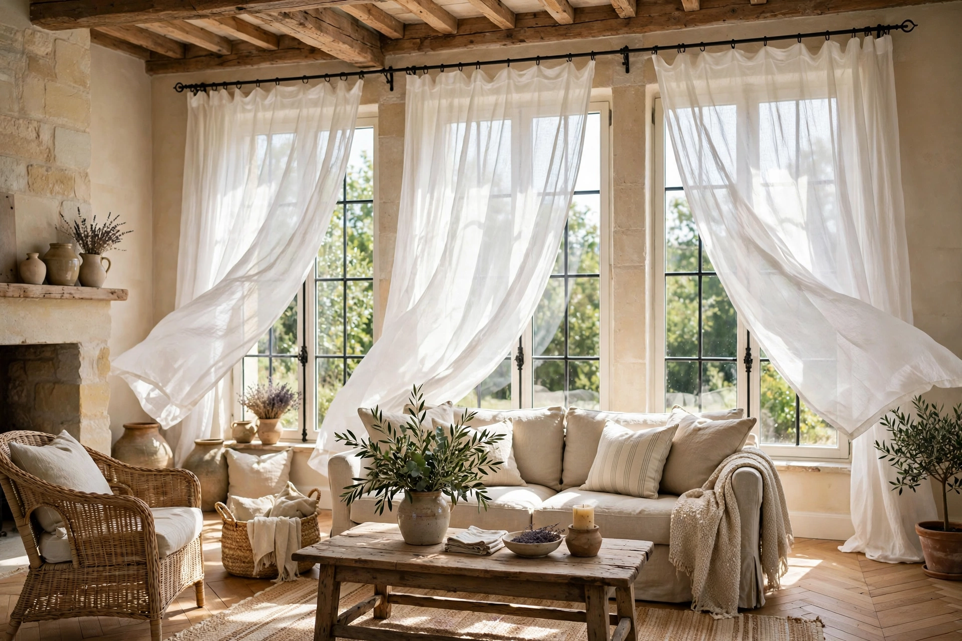 French country living room with sheer flowing linen curtains on iron rods framing tall sunlit windows.