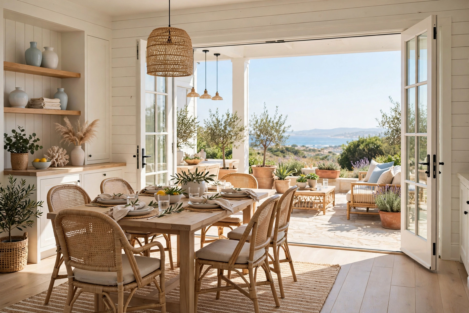 Coastal dining room ideas with open French doors leading to a patio, merging indoor and outdoor dining spaces.