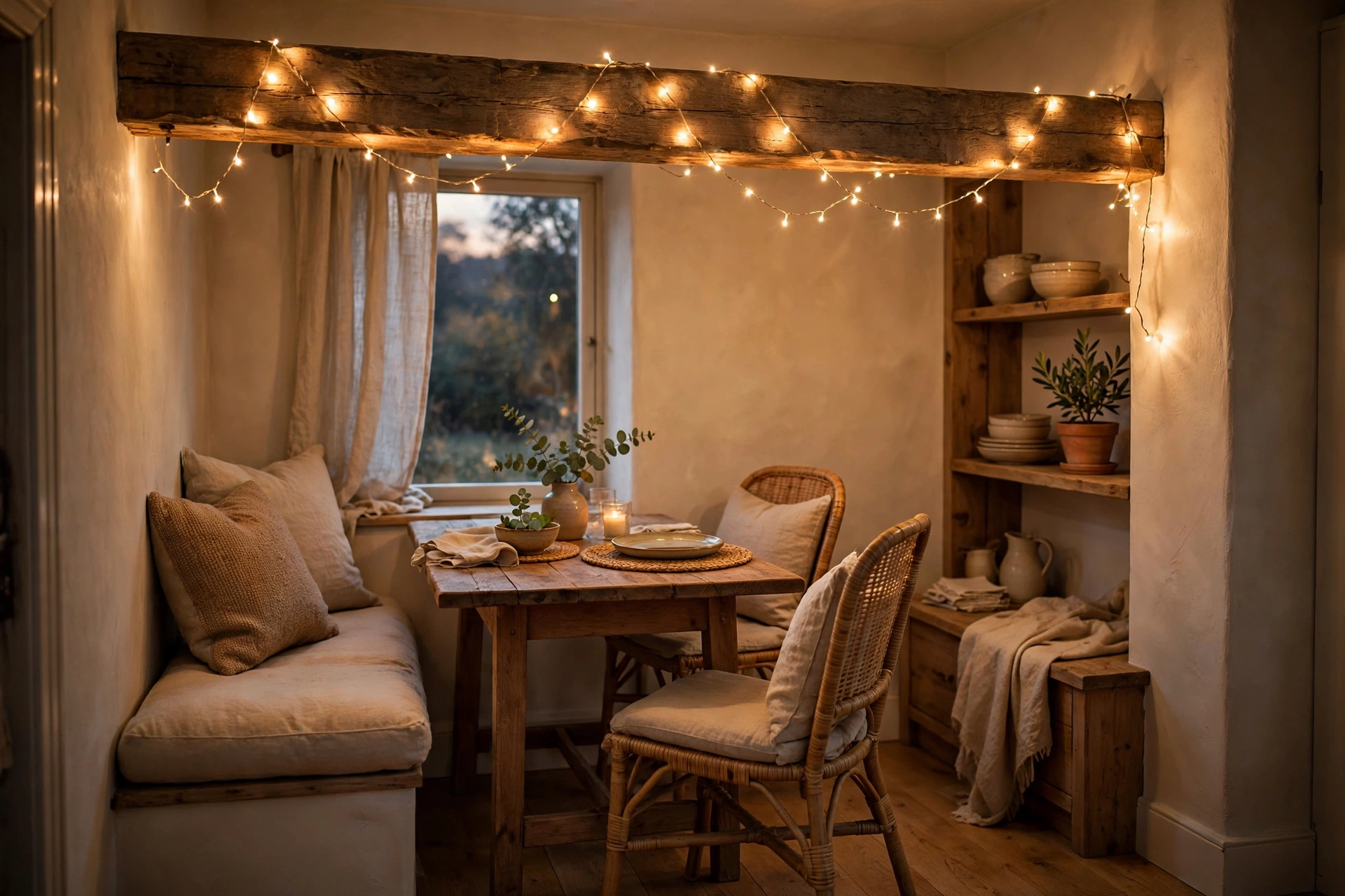 Dining room lighting ideas with warm-white fairy lights draped along a beam in a relaxed dining nook.