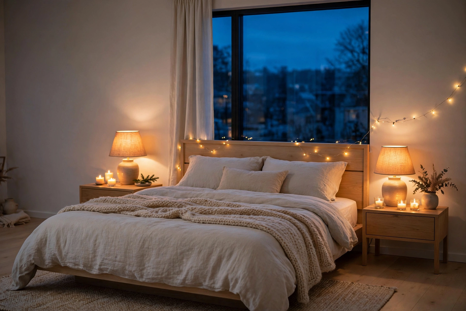Bedroom at dusk glowing with warm bedside lamps, candles and fairy lights