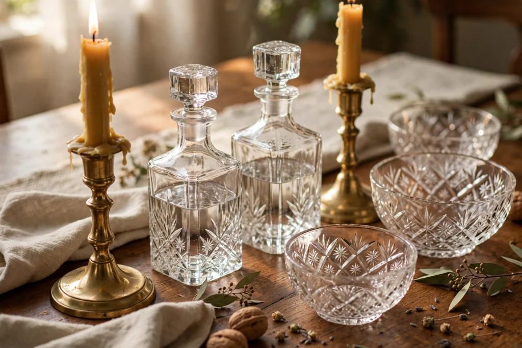 Close-up of a traditional dining table styled with brass candlesticks, crystal decanters, and cut-glass bowls.