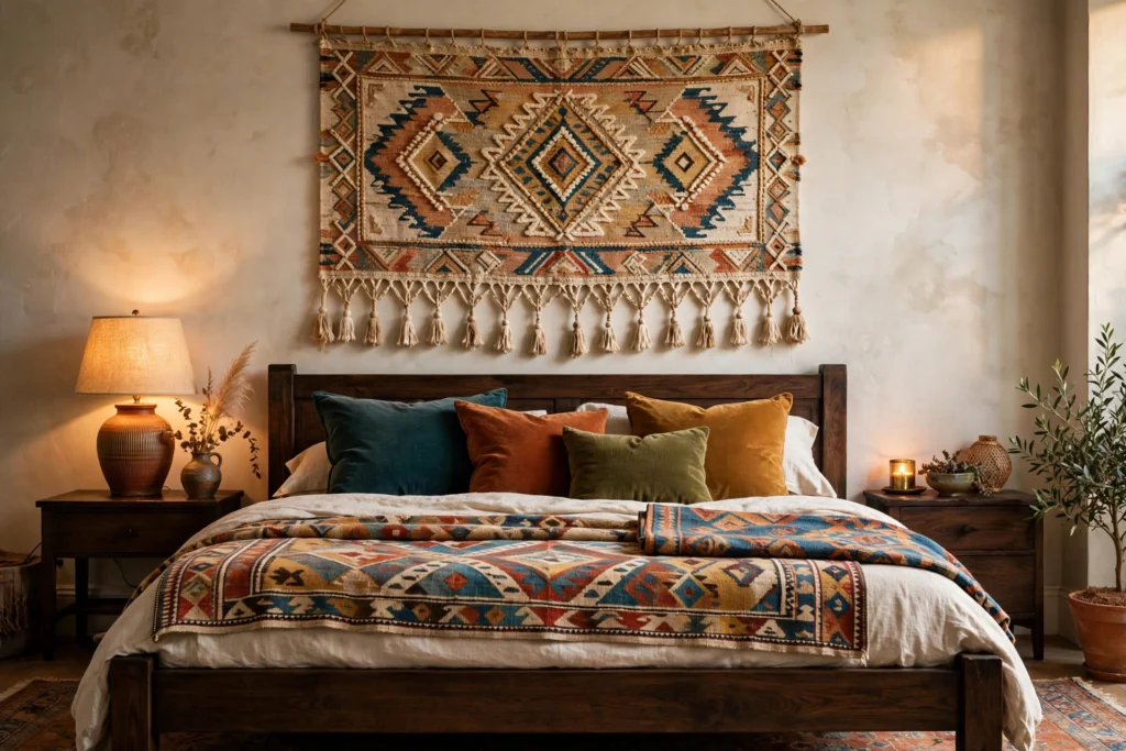 Woven tapestry wall hanging behind a dark wood bed layered with vintage kilim textiles and velvet cushions.