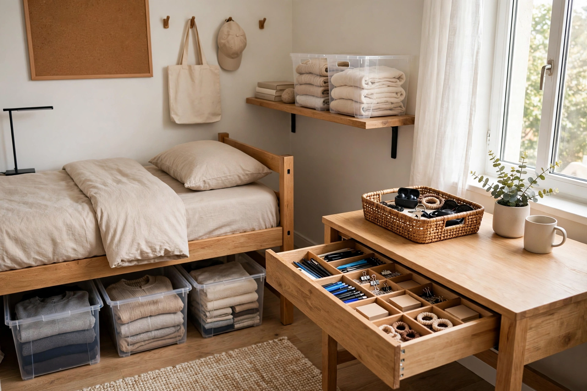 Tidy dorm room with labeled bins, drawer dividers, a catch-all basket, and everything in its place.