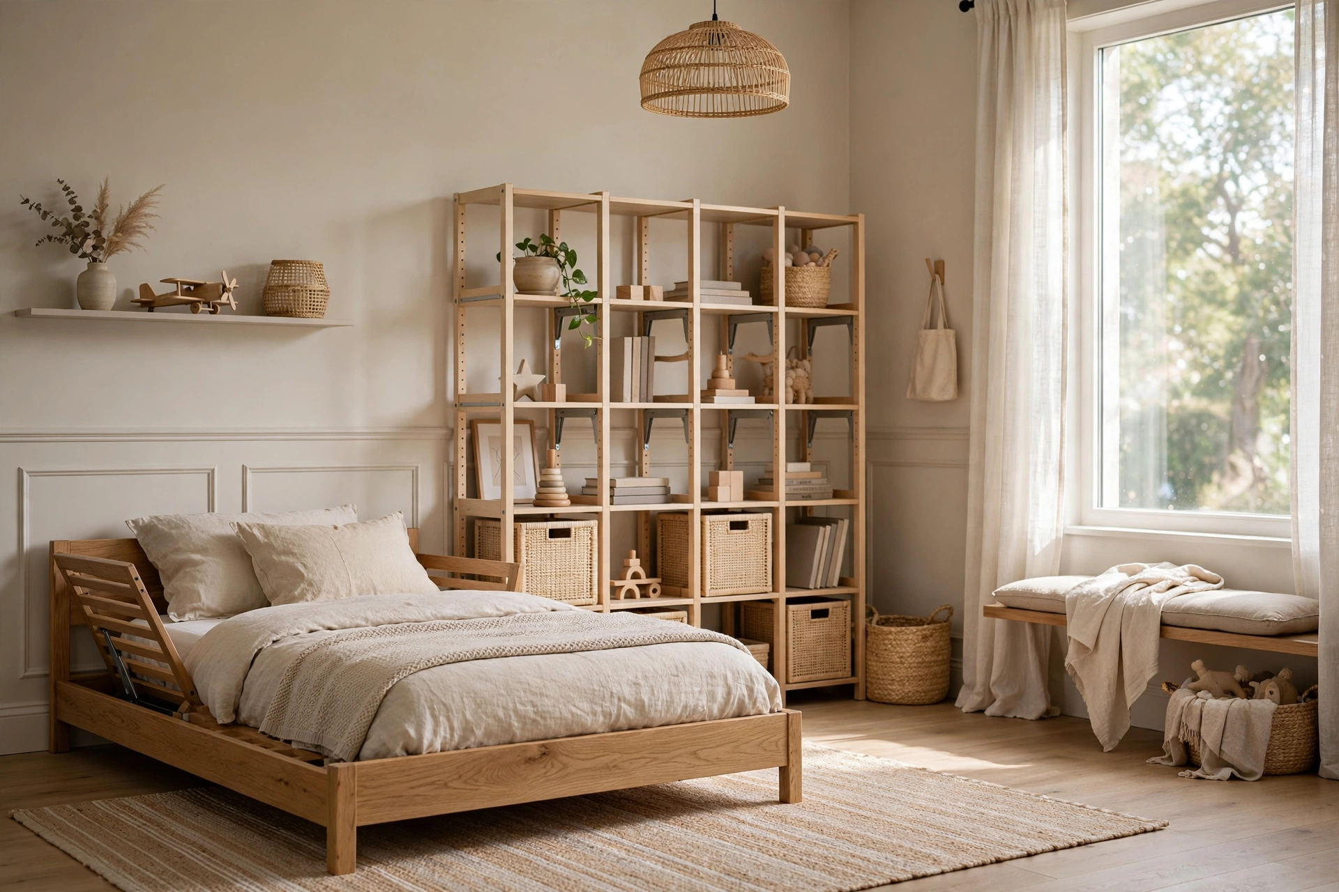 Neutral kids bedroom with convertible low bed, adaptable shelving, and timeless decor suited for a growing child.