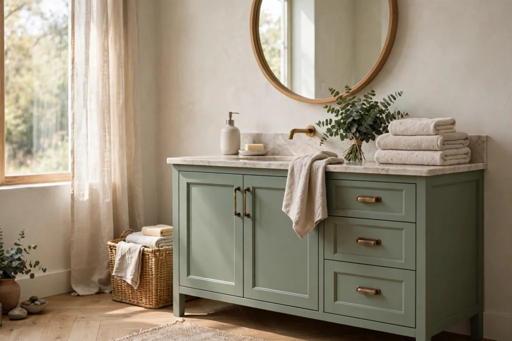 Spa-like bathroom with sage green vanity cabinets, eucalyptus bundle, and soft towels in natural light.