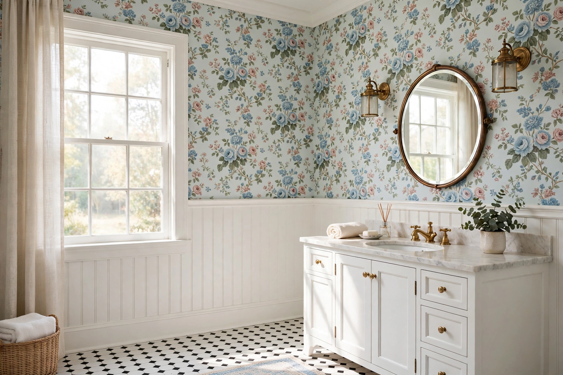 Bathroom wallpaper above white wainscoting with a floral print and a classic chair rail divider.