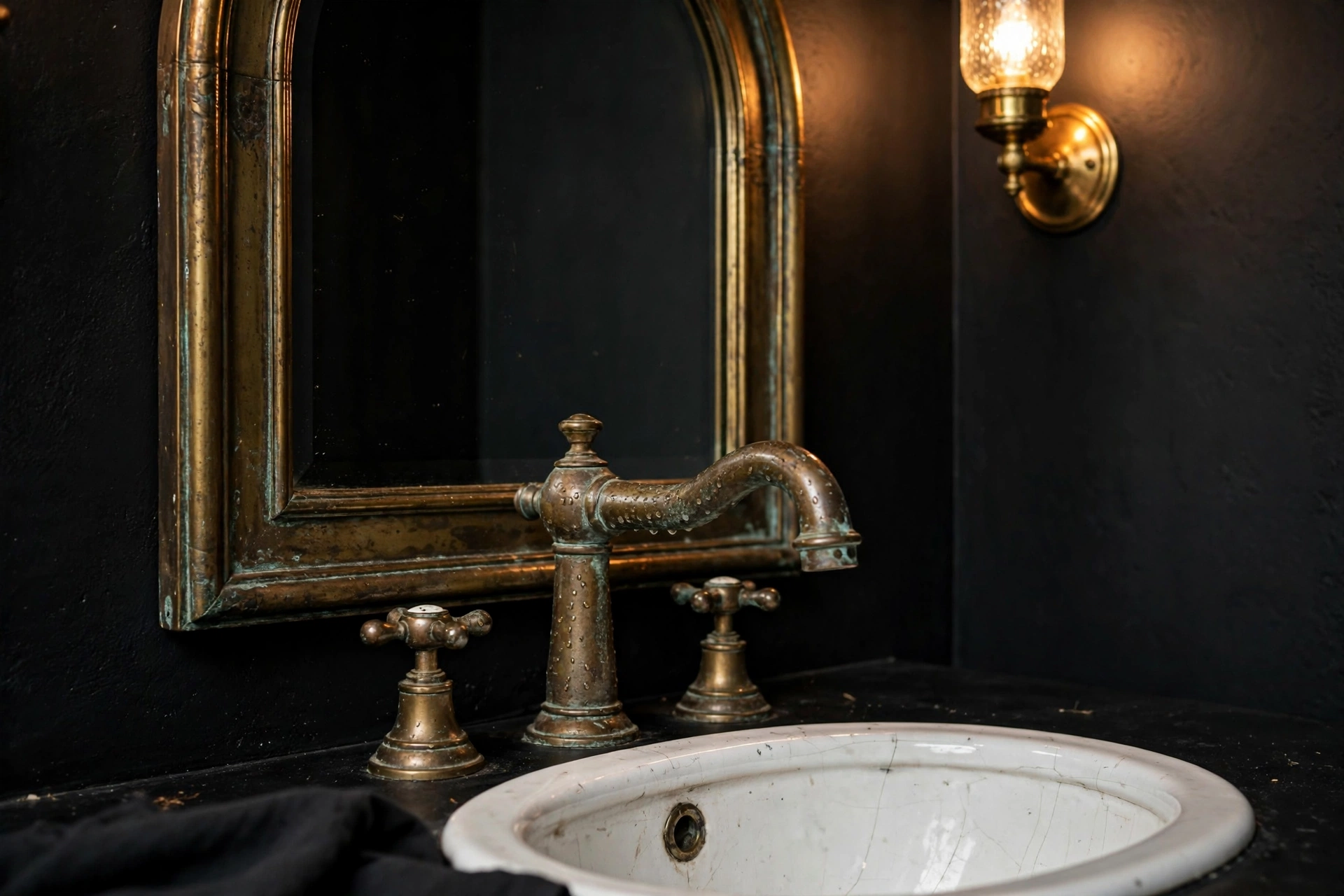 Antique brass bathroom details with aged brass faucet, mirror frame, and sconces against black walls.