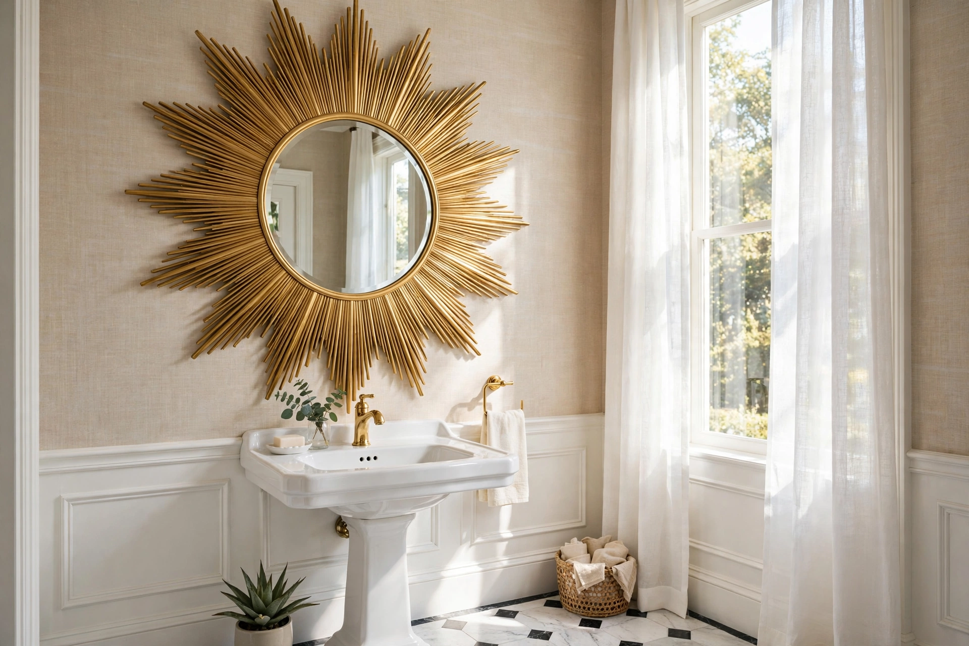 Gold sunburst bathroom mirror with radiating rays as glamorous wall sculpture over a pedestal sink.