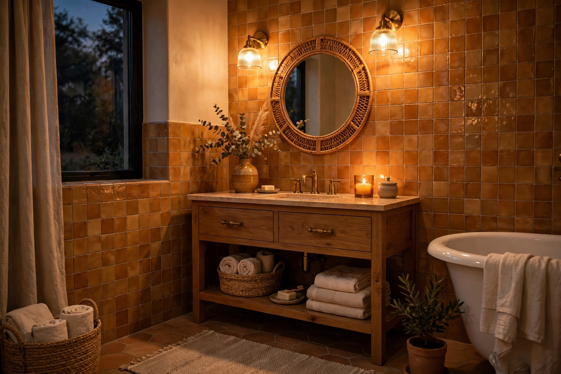 Bathroom lit in warm 2700K light showing the cozy difference of well-tuned color temperature.