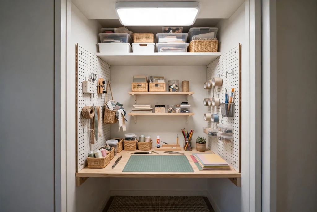 Closet converted into a craft room with desk shelf, pegboard walls, shelves, and bright lighting.