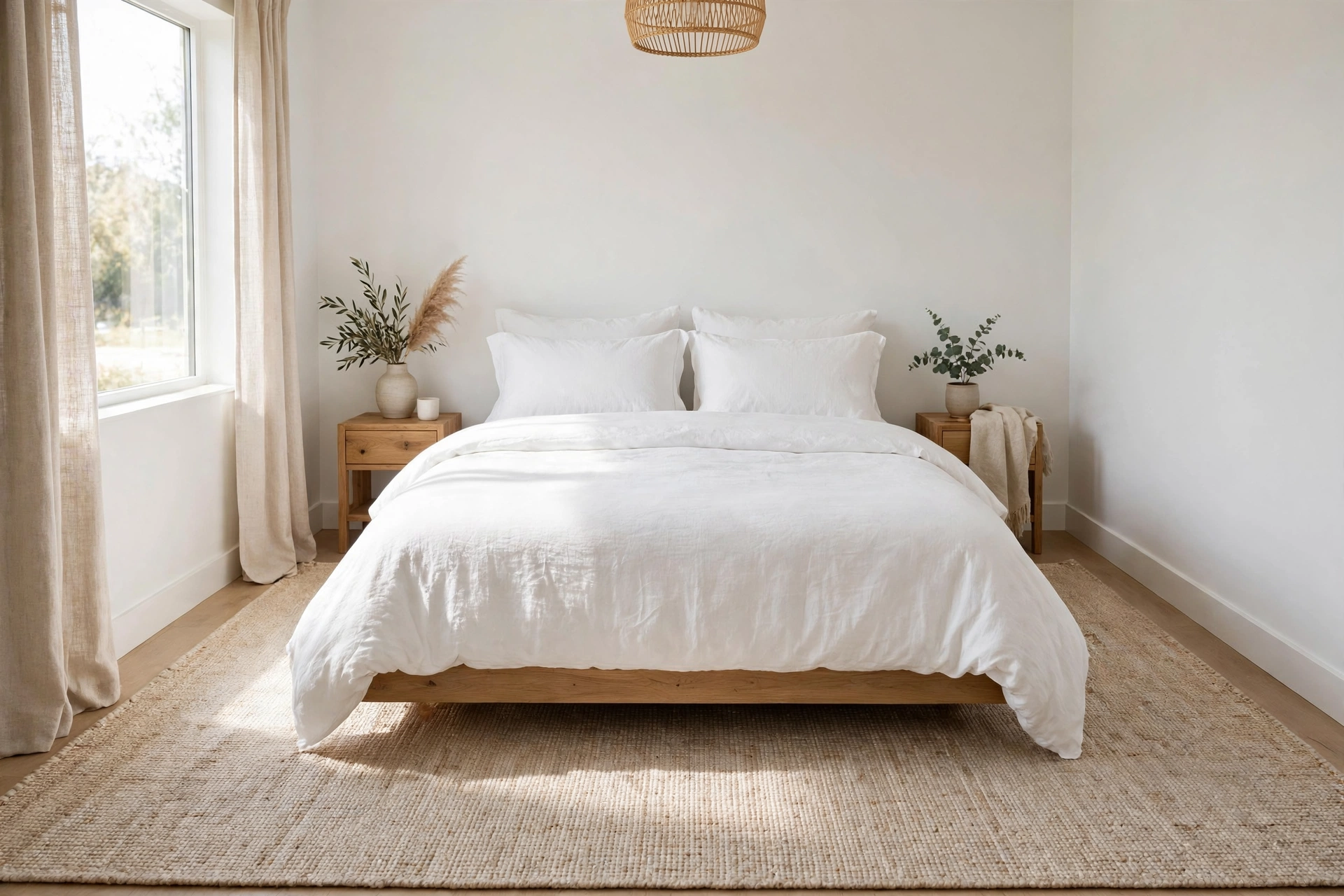 Light flatweave rug zoning the bed area in a small bedroom