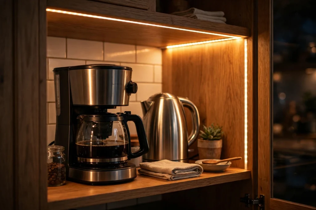Appliance Garage Interior Lit With Warm LED Strip