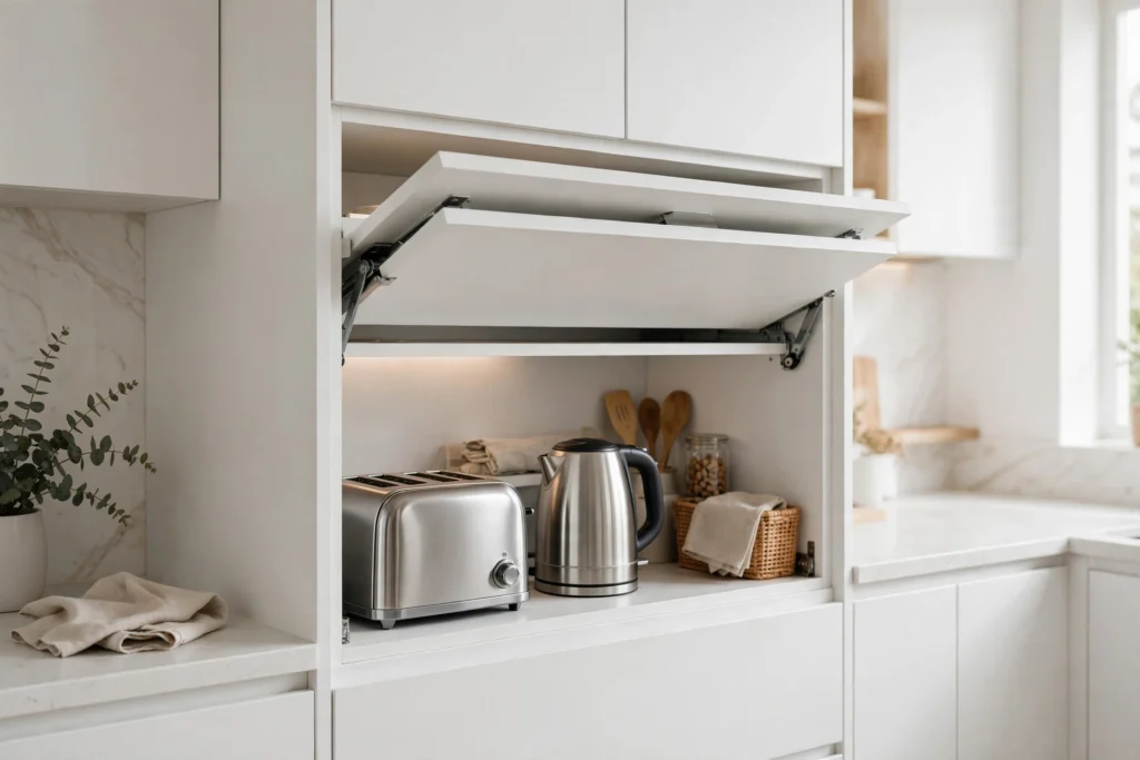 Appliance Garage With Pull Up Pocket Doors Open